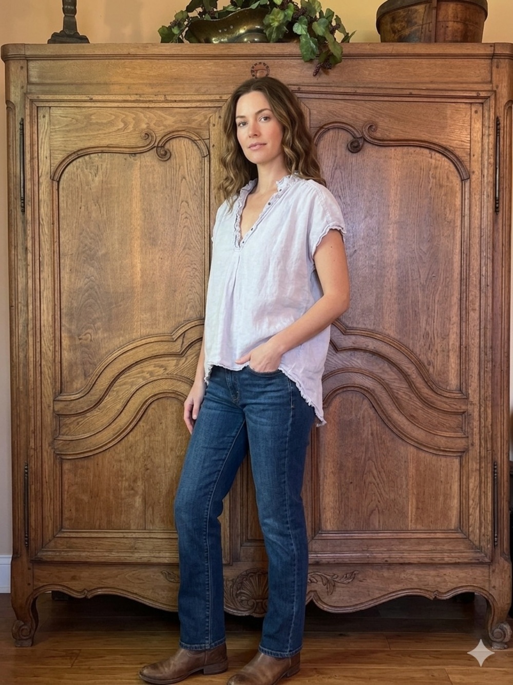 XCVI Linen Blend Top Hi-Low Raw Edge Top